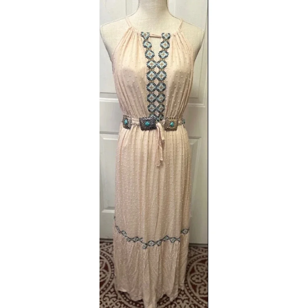 Lucky Brand Maxi Dress Womens Medium Sand Combo Embroidered Boho Western  New - Picture 2 of 13